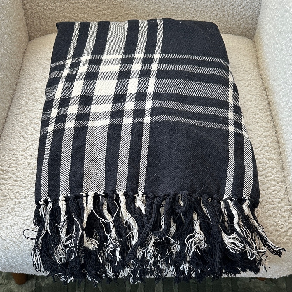 White & Black Plaid Throw Blanket with Fringe